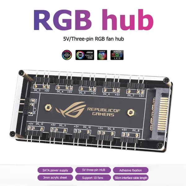 RGB-хаб для вентиляторов с синхронизацией подсветки, 10 разъёмов 5 В/3 контакта