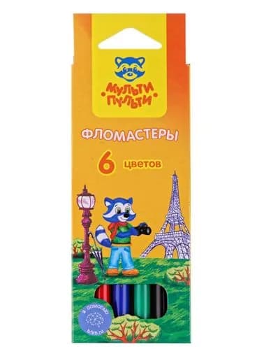 Фломастеры Мульти-Пульти "Енот во Франции", 6 цветов, смываемые, картон, европодвес