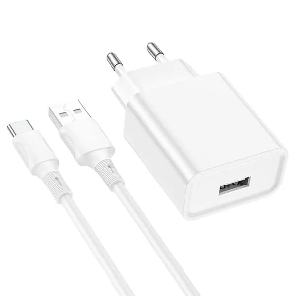 Сетевое зарядное устройство Borofone BA74A, 1USB + кабель Type-C, 2, 1А, цвет белый (зарядка для смартфонов и пр.)
