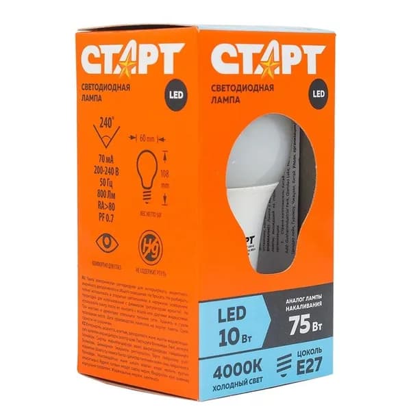 Лампа светодиодная Старт LED, серия ЭКО 10W40, тип А груша, E27, 4000К, холодный свет, 15000 ч