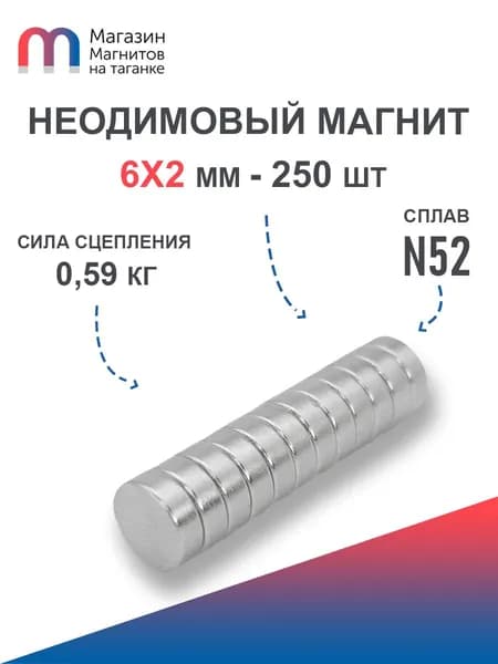 Неодимовый магнит усиленный диск 6х2 мм (N52) - 250 шт