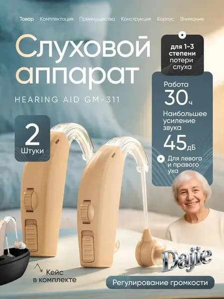 Слуховой аппарат заушный Hearing Aid GM-311 для слабослышащих, пожилых с зарядным устройством 2шт. в удобном кейсе, сменные насадки с кабелем для зарядки в комплекте / Усилитель слуха