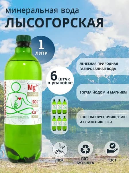 Минеральная вода Лысогорская газированная лечебная с магнием, для похудения 1л*6шт.
