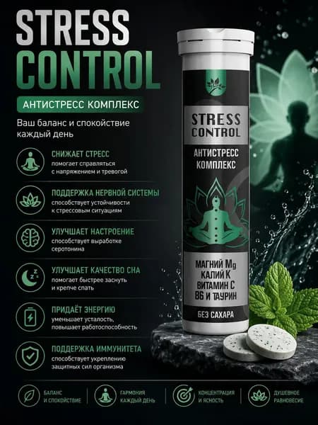 Шипучий витаминизированный напиток для спокойствия STRESS CONTROL, Антистресс, 10 таб