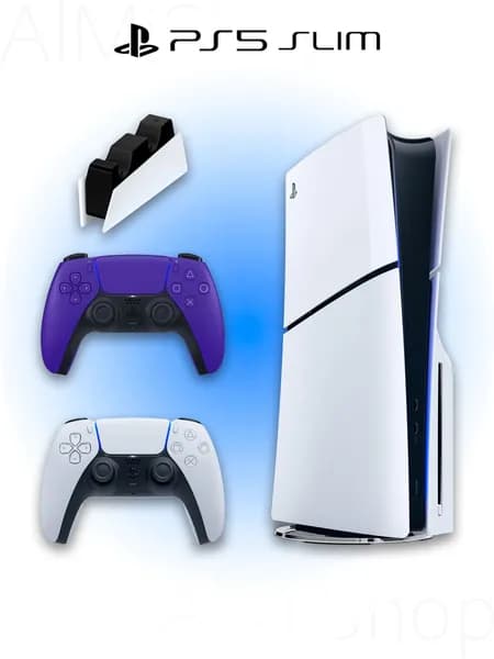 Игровая приставка Sony PlayStation 5 Slim с дисководом + 2 геймпад (фиолетовый, Galactic Purple) + зарядная станция