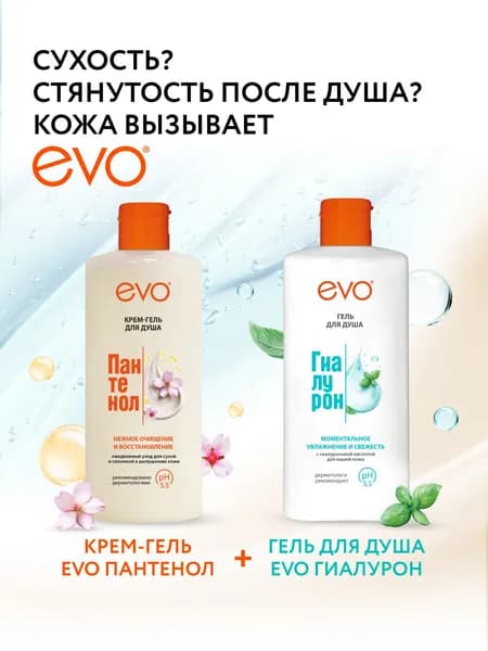 EVO/ЭВО Гели для душа Пантенол + Гиалурон для сухой и чувствительной кожи, женский, мужской, 2 шт по 400 мл