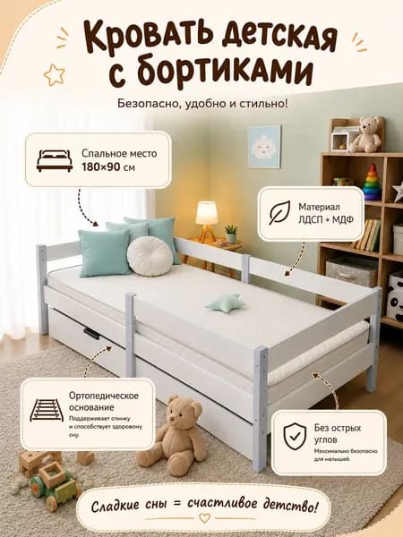 Кровать детская односпальная 180х90 см, ортопедическое основание, защитный бортик