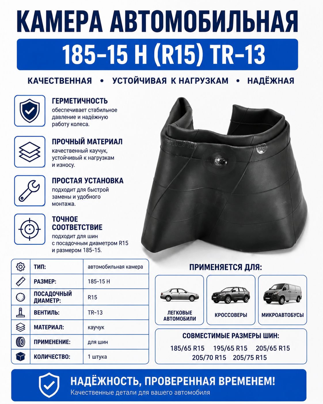 Камера автомобильная R15 для ГАЗ 2410, 3102, 31029, 3110, 31105 НОРМ 185-15 TR-13 каучук ширина до 195 мм