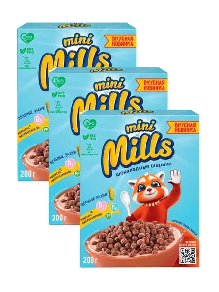 Шарики кукурузные Mini Mills шоколадные обогащенные витаминами и железом, 200 г х 3 шт