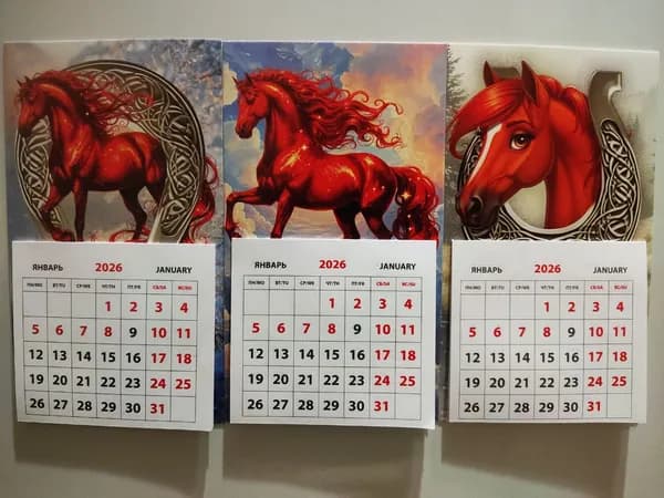Набор из 3 календарей на магните 2026- "Красные Лошади"
