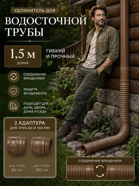 Удлинитель водостока телескопический 50-160 см на трубу 80/100 мм, гибкий гофрированный шланг для отвода воды и защиты фундамента дома