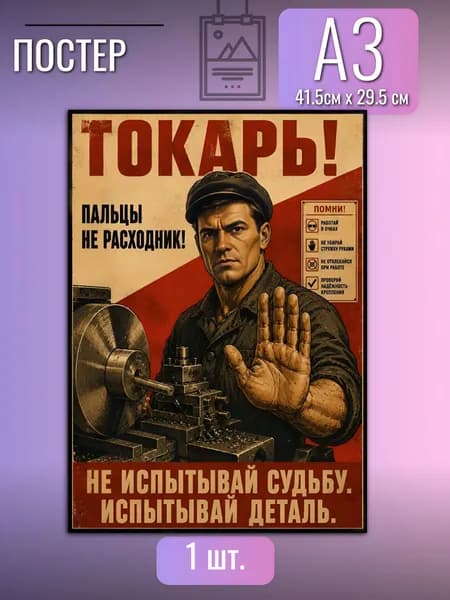 Постер в гаража на стену ТОКАРЬ! Пальцы не расходник! Винтажный ретро плакат для мастерской, цеха и производства