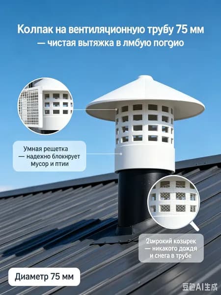 Колпак на вентиляционную трубу 75 мм, дефлектор кровельный - защита от дождя, птиц и грызунов, оголовок пластиковый для вытяжки и канализации.