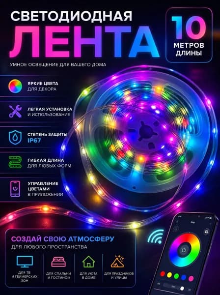 Светодиодная разноцветная RGB лента IP67 10 метров