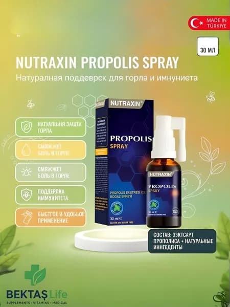 Nutraxin Propolis Spray 30 мл. Спрей для горла с Прополисом и Солодкой. Натуральная защита с мятным вкусом.