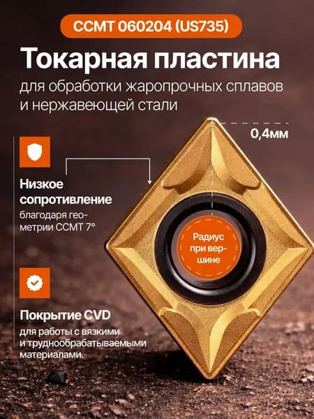 Пластина токарная твердосплавная CCMT 060204 US735 для нержавеющей стали, радиус 0.4 мм, аналог Mitsubishi US735, 1 шт