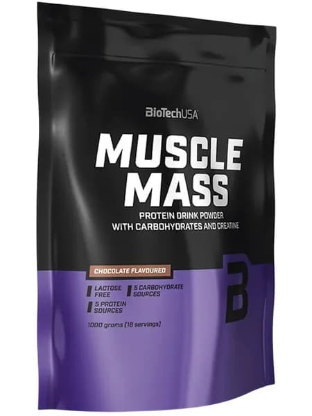 Гейнер BioTechUSA Muscle Mass 1000 г, Шоколад, Набор мышечной массы, энергия и восстановление