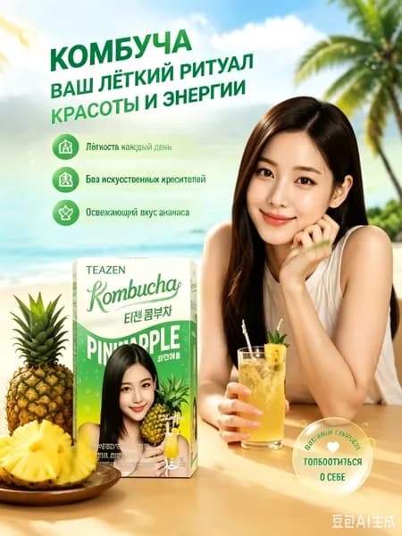 Комбуча TEAZEN со вкусом ананаса и пробиотиками, 50 г (5г*10шт)