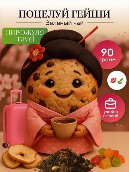Чай зелёный листовой "Поцелуй гейши" Пирожуля Travel, Ганпаудер с жасмином, яблоками и лемонграссом, 90 г