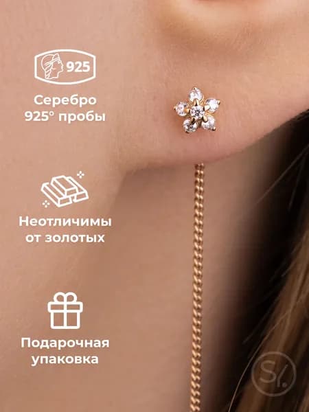 Серебряные серьги протяжки цепочки позолота 585