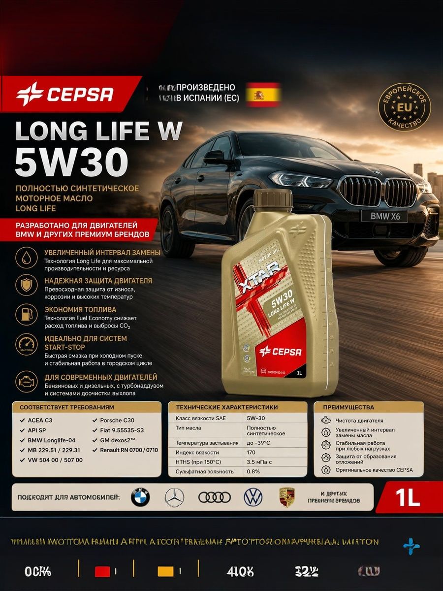 CEPSA xtar 5w30 long life w 5W-30 Масло моторное, Синтетическое, 1 л