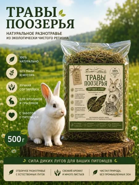 Травы Поозерья Сено луговое лакомство для грызунов 500 гр