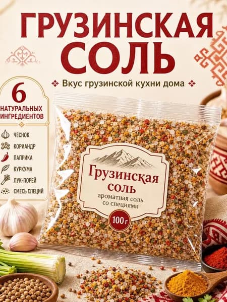 Грузинская соль 100 г, соль с кавказскими специями, приправа с чесноком, кориандром, паприкой и куркумой для мяса, овощей и супов