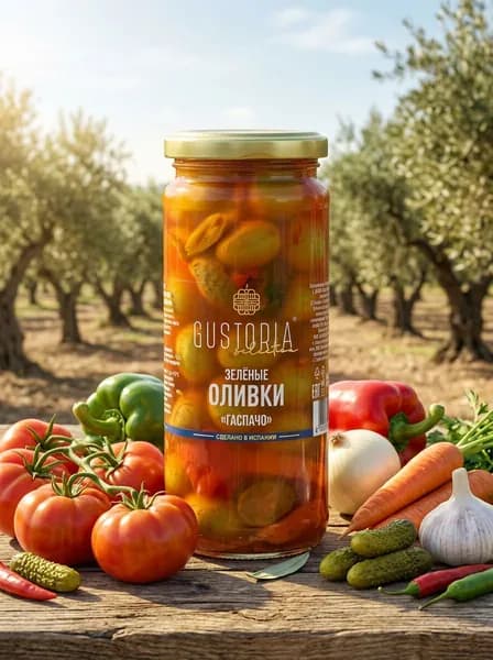 Gustoria Оливки колотые с косточками зеленые в соусе Гаспачо 358мл (Испания)