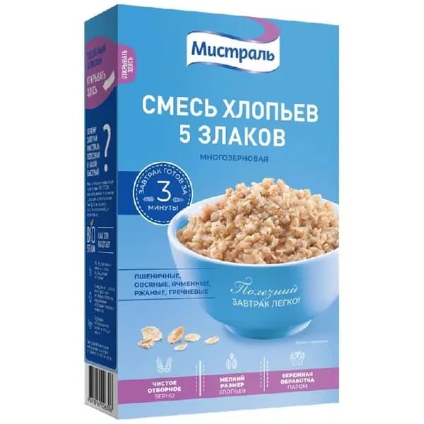 Хлопья МИСТРАЛЬ Смесь 5 злаков цельнозерновые /картон/ 400г