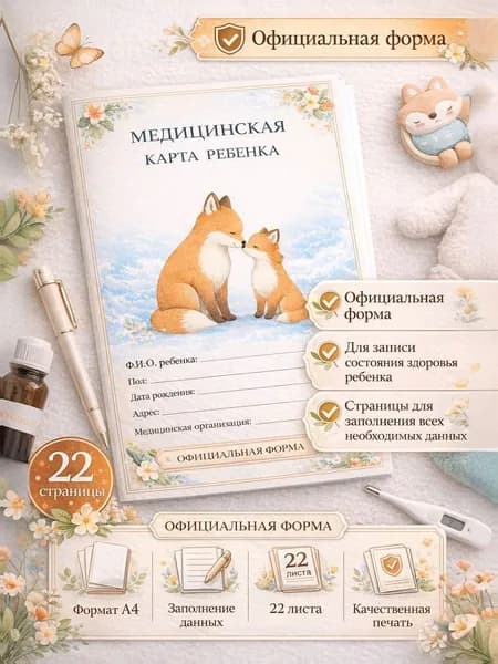 Медицинская карта ребенка для школы, детского садика и спортивные секции, формат А4