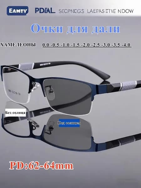 Мужские очки для зрения с защитой от синего света и фотохромные: прямоугольные, металлическая полуободковая оправа, премиум-класс