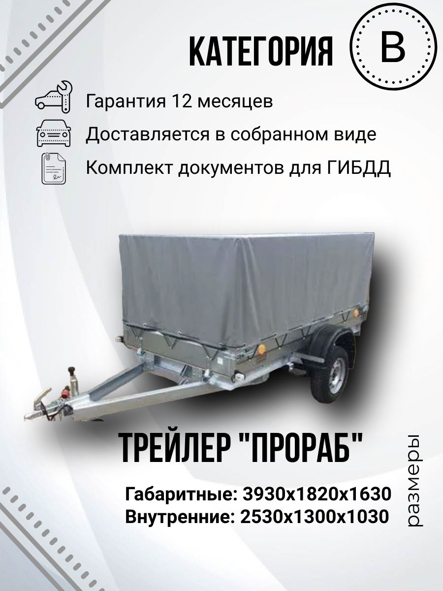 Прицеп легковой одноосный ТРЕЙЛЕР ПРОРАБ 829450 (2,6х1,3м)