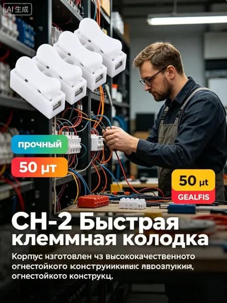 50 шт, 2-контактная самоблокирующаяся быстроразъемная клемма нажимного типа, 10 А, белая, CH-2