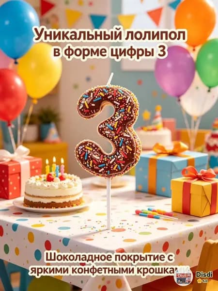 Свечи для торта цифра 3, 5.7 см х 3 см, 1 шт