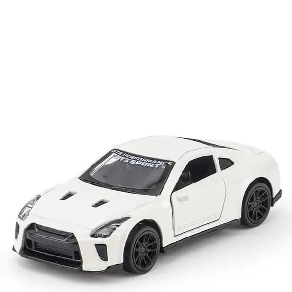 1/43 модель полицейской машины на инерции, белый Nissan GT-R с синими полосами и надписью POLIZEI