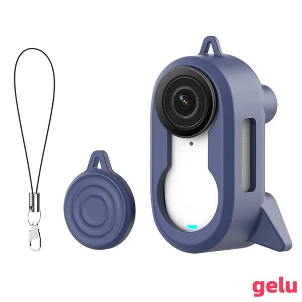Чехол для Insta360 GO3S и GO3 из силикона тёмно-синего цвета с креплением-брошью и опорой для вертикальной установки