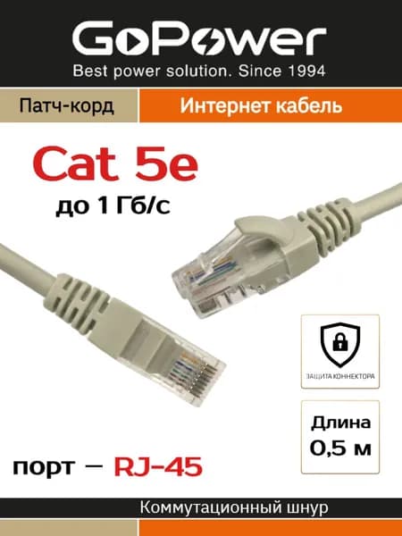 Патч-корд GoPower RJ-45 (m)-RJ-45 (m) 0.5м кат.5е ПВХ 26AWG