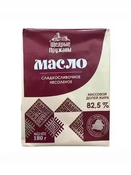 Сладкосливочное масло Щедрые Пружаны Крестьянское несоленое 82,5% БЗМЖ 180 г