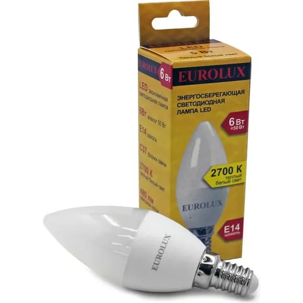 Лампа светодиодная LL-E-C37-6W-230-2,7K-E14 (свеча 6Вт, теплый, Е14) Eurolux
