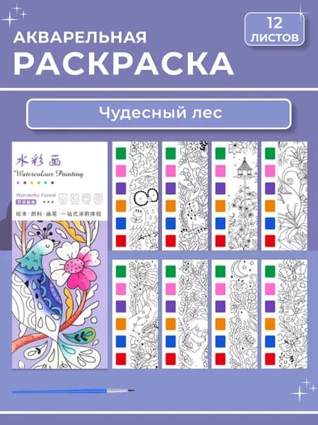 Раскраска акварельная 12 листов, "Чудесный лес"
