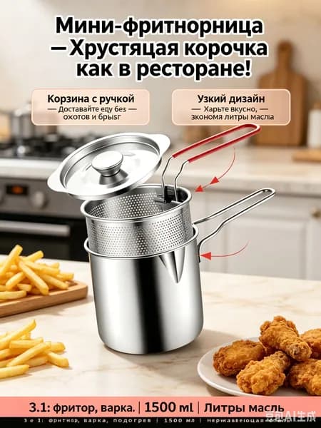 Мини-фритюрница с сетчатой корзиной, 1.5 л из нержавеющей стали, кастрюля для жарки картошки фри и наггетсов дома