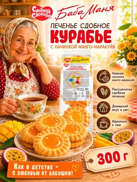 Печенье сдобное Баба Маня Курабье манго, маракуйя 300 гр / Сладкая слобода