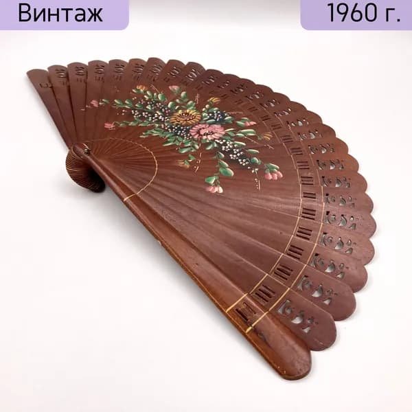 Винтажный веер СССР 1950-1970 гг. Дерево, ручная роспись цветочной композицией