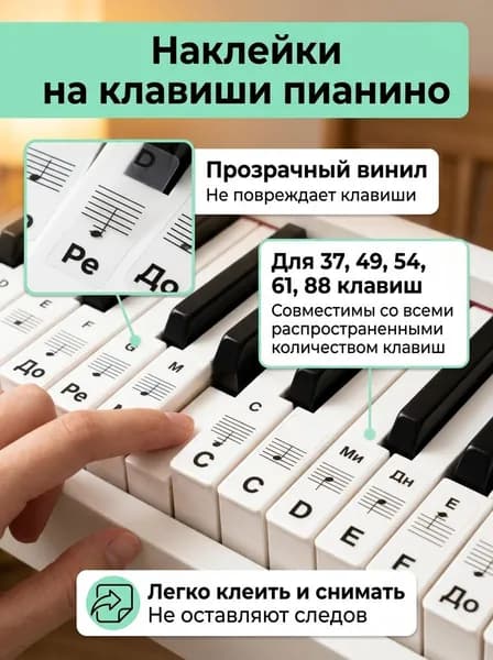Наклейки на клавиши пианино и синтезатора - обучающие наклейки с нотами, прозрачные и износостойкие для начинающих, на 88 клавиш.