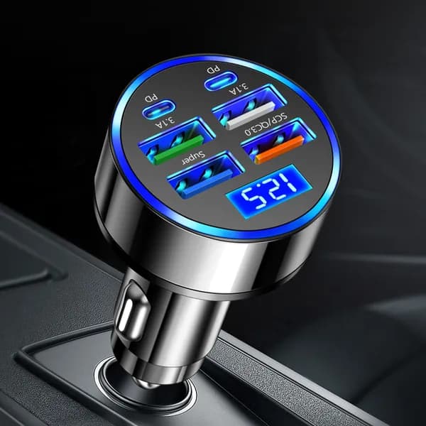 Шесть портов USB и USB-C с цифровым дисплеем, автомобильное зарядное устройство на 100 Вт