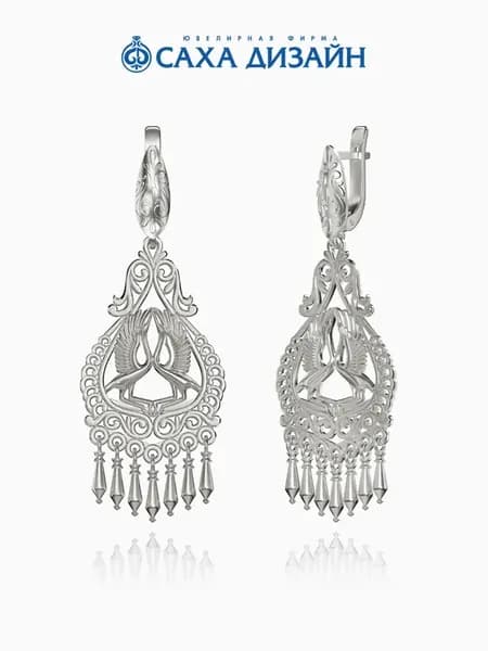 Серьги серебро 925 якутские висячие стерхи (журавли)