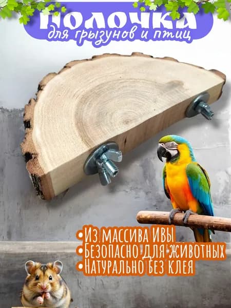 Ива. Полка в клетку для грызунов и птиц, из массива дерева, игрушка, полочка для попугаев круглая