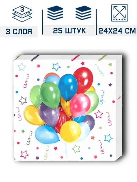 Салфетки бумажные праздничные Шарики на День Рождения 24х24