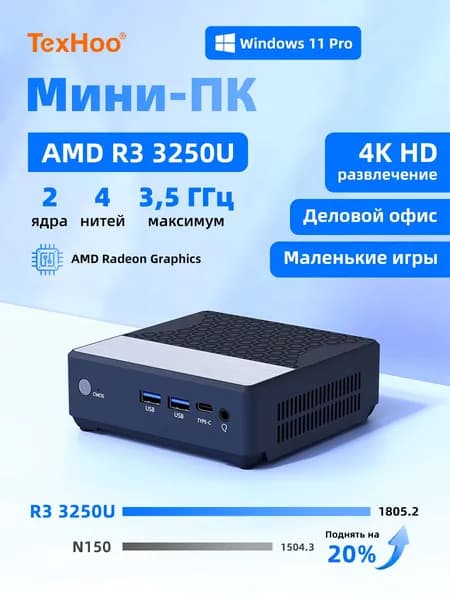 TexHoo Мини-ПК KNL (AMD Ryzen 3 3250U, RAM 16 ГБ, SSD 512 ГБ, AMD Radeon Graphics, Windows 11 Pro), N150 Обновленная версия, 3250U, темно-синий