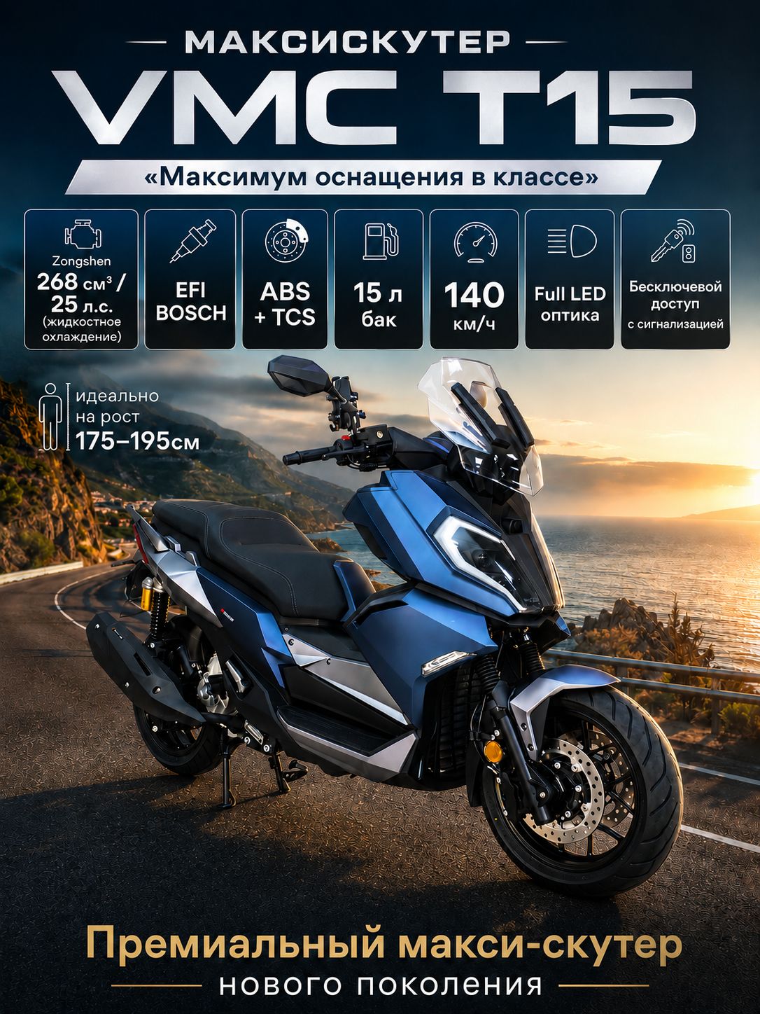 Скутер VMC Т-15 Matt Blue с ЭПТС (268 см, 25 л.с., EFI, ABS, TCS, жидкостное охлаждение, бензиновый для взрослых)
